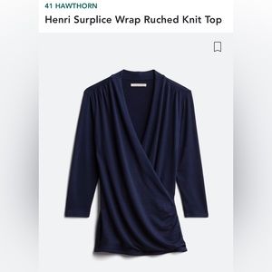 Wrapped ruched knit top, navy blue, 1X Light knit material.
